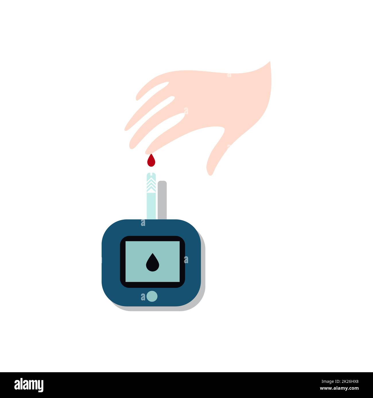 Welt Diabetes Tag Symbol. Bewusstsein medizinische Infografik design Element. Hand mit Blut aus dem Finger Blutzuckermessgerät, Vector Illustration Stockfoto