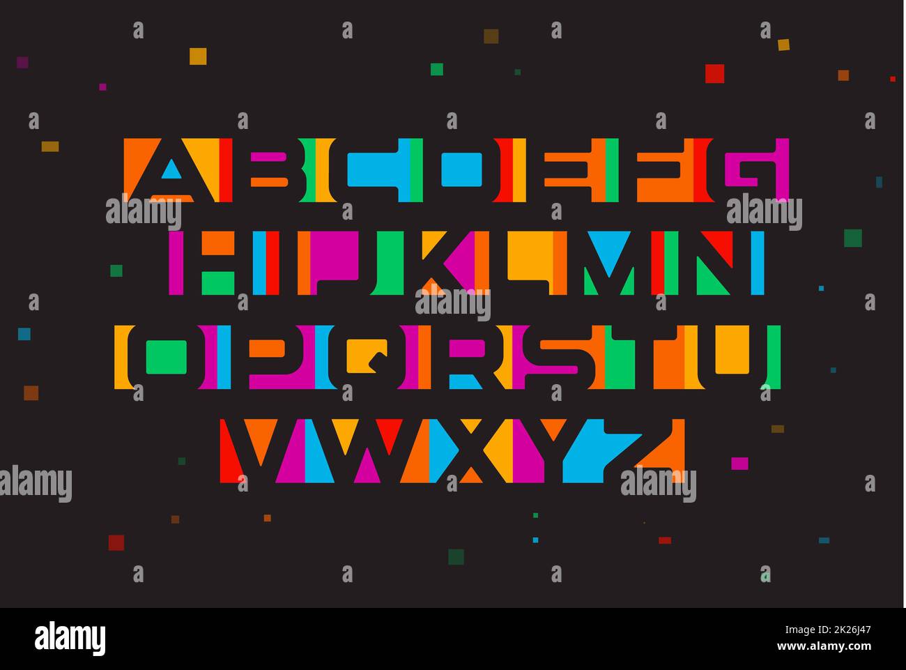 Farbige vector Font. Geometrische negativen Raum Alphabet. Bunte Buchstaben auf schwarzem Hintergrund mit geometrischen Konfetti. Stockfoto