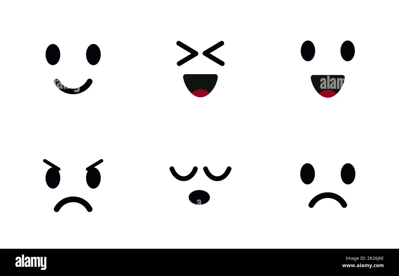 Emoji-Symbolgruppe. Charaktere Gesichter, süßes Emoticon, Stimmungssymbole. Lächelndes, glückliches, fröhliches, trauriges und wütendes Gesicht. Darstellung isolierter Vektoren auf weißem Hintergrund. Stockfoto