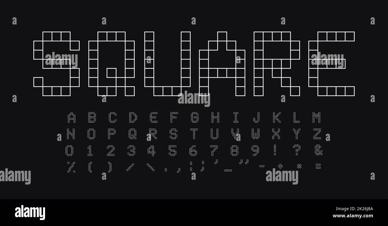 Quadratisch formt Buchstaben und Zahlen. Geometrischer einfacher linearer Vektor, lateinisches Alphabet. Schriftart für Veranstaltungen, Werbeaktionen, Logos, Banner, Monogramme und Poster. Typographisches Design. Stockfoto