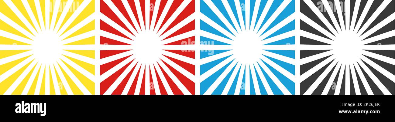 Sammlung von 4 Hintergründen mit Strahlen: Gelb, rot, blau und schwarz Stockfoto