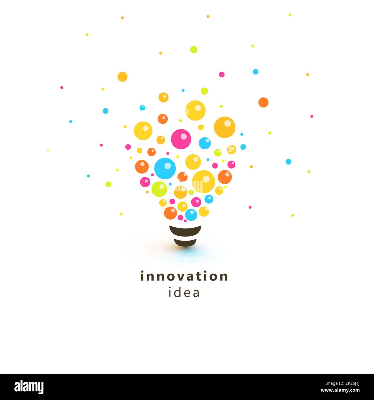 Helle bunte Glühbirne, abstraktes Innovation Idea Logo. Lampe aus Kreisen und Kugeln, die auf den verschiedenen Seiten als Photonen, Lichtpartikel, Vektordarstellung verstreut sind. Stockfoto