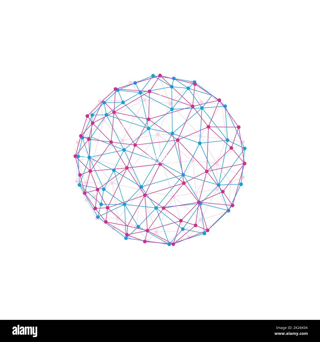 Isolierte Vektorrundung. Abstrakte Zusammensetzung, polygonale Konstruktion, Verbindungspunkte und -Linien. Drahtmodellnetz unterbrochenes vieleckiges Element. Kugel mit verbundenen Linien und Punkten. Stockfoto