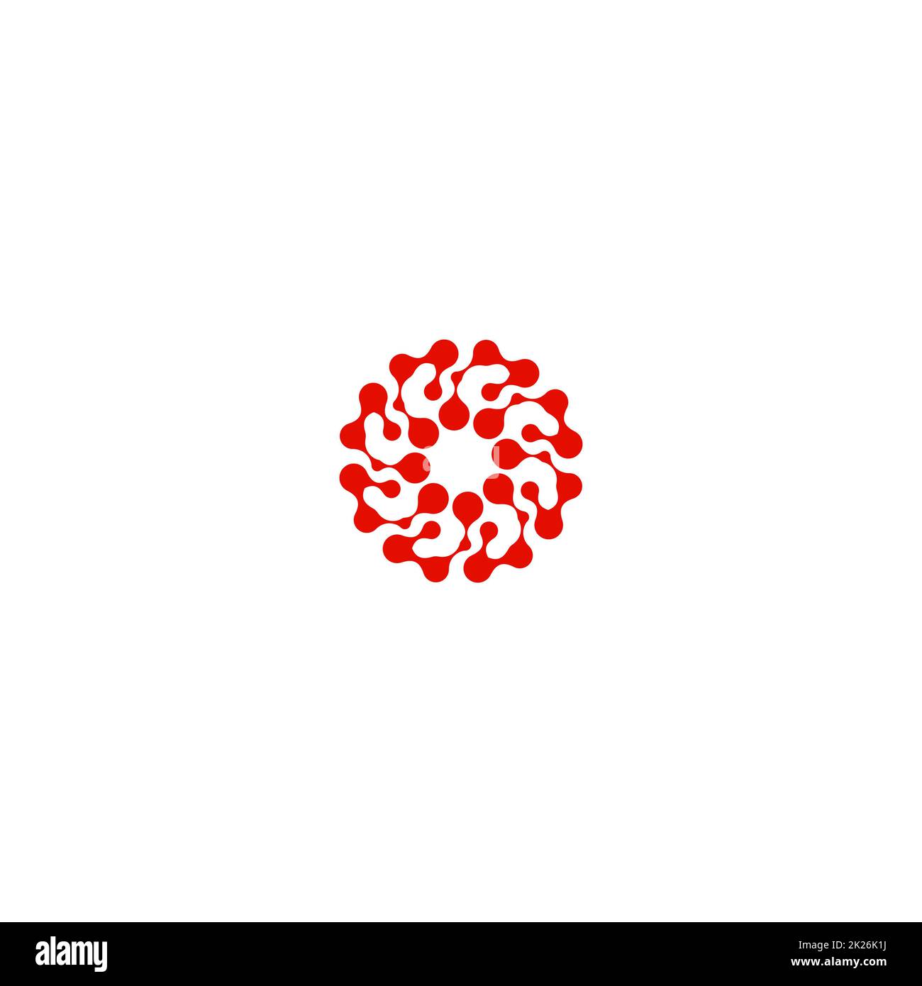 Abstrakt Kreis Logo. Ungewöhnliche gepunktete Runde isolierte Chem Logo. Virus-Symbol. Rote Sonne. Symbolblume. Spiral-Zeichen. Vektor-Illustration. Stockfoto