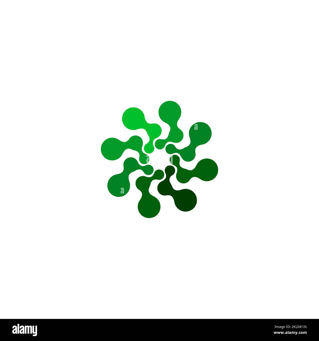 Isoliertes abstraktes grünes, rundes Logo auf weißem Hintergrund, einfache, flache, wirbelförmige Vektordarstellung des Logos Stockfoto