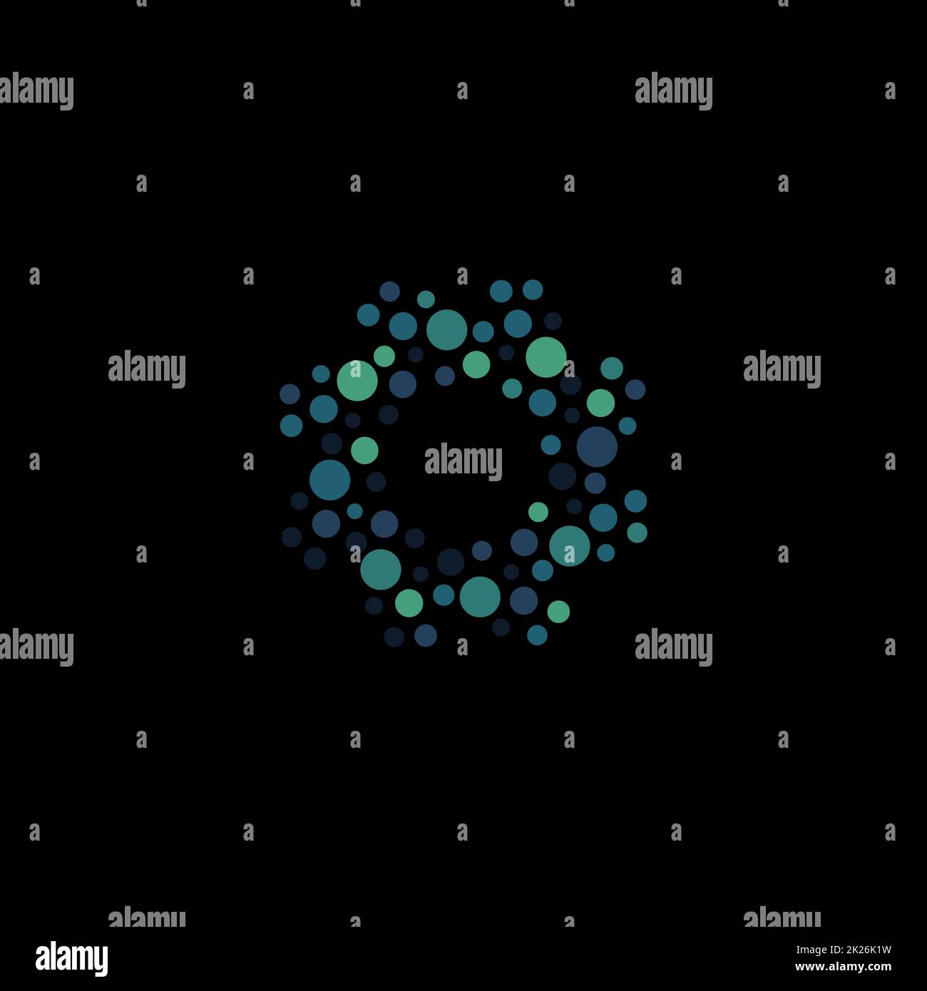 Isoliertes, abstraktes, rundes blaues Logo, gepunktetes Logo, Vektordarstellung für Wasserelemente auf schwarzem Hintergrund Stockfoto