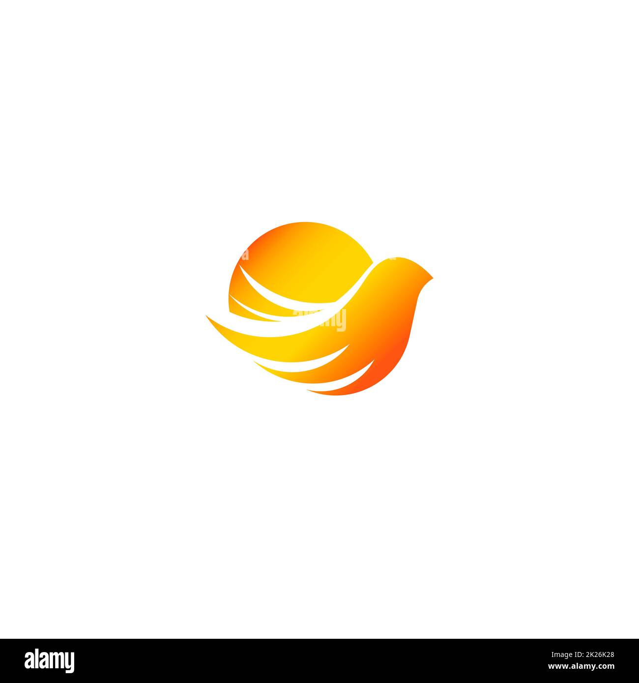 Isolierte Sonne und Vogel-Vektor-Logo. Sonnenauf- oder Sonnenuntergang mit Menschenhand Schriftzug. Stockfoto