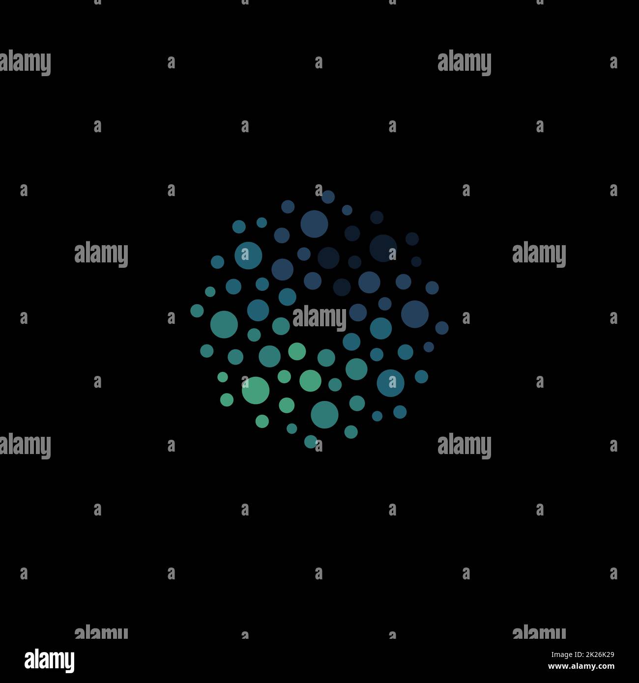 Isoliertes, abstraktes, rundes blaues Logo, gepunktetes Logo, Vektordarstellung für Wasserelemente auf schwarzem Hintergrund Stockfoto