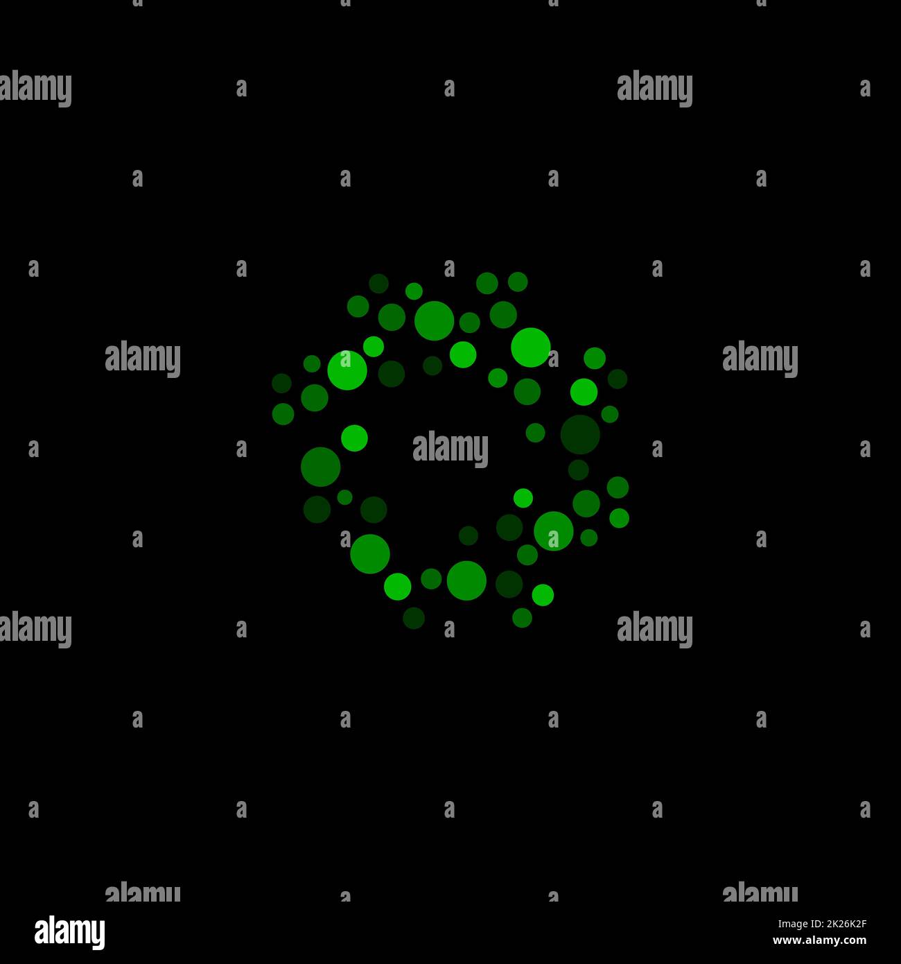 Isoliertes abstraktes grünes, rundes Logo auf schwarzem Hintergrund, einfache, gepunktete Vektordarstellung des Logos Stockfoto