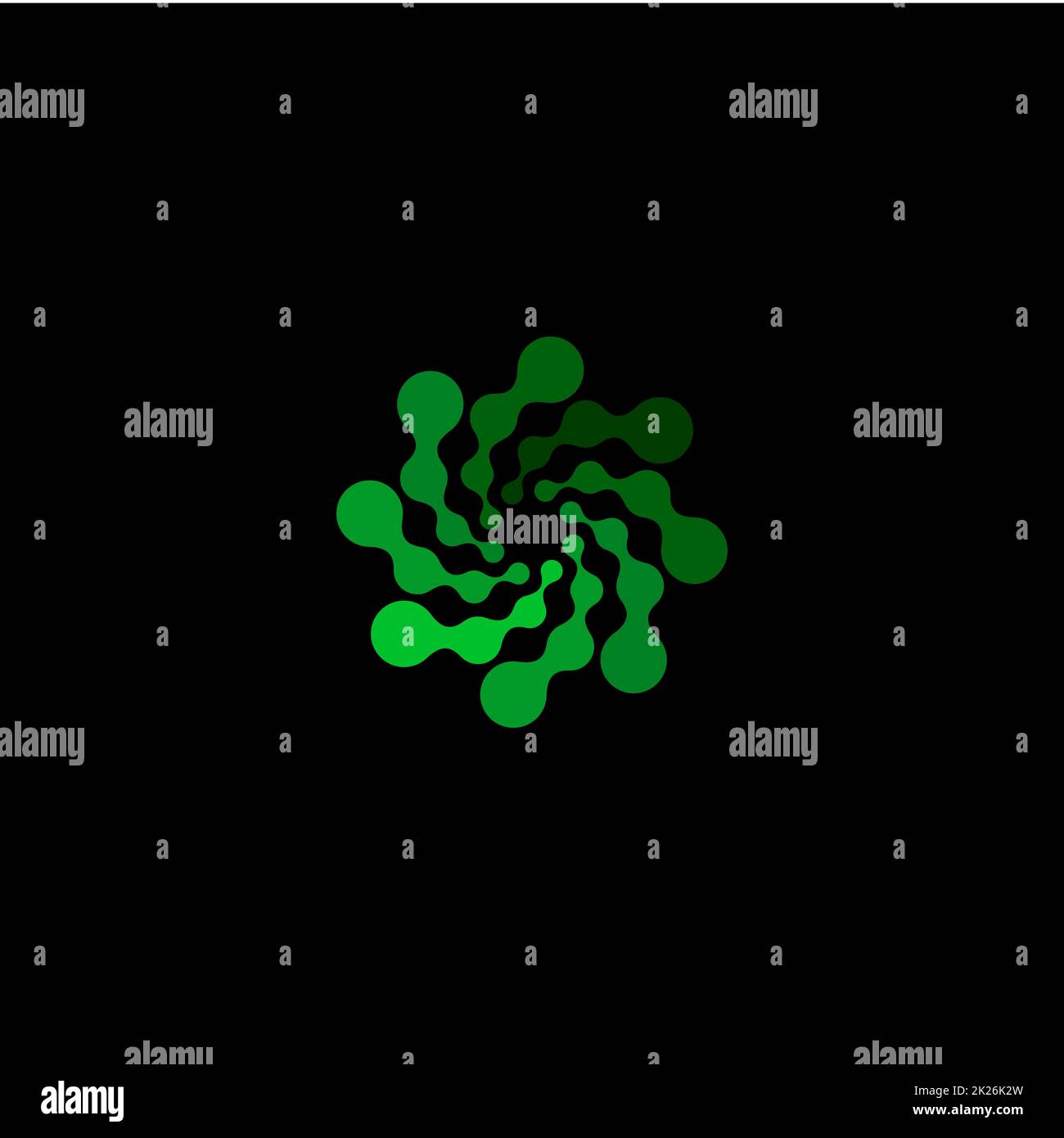 Isoliertes abstraktes grünes, rundes Logo auf schwarzem Hintergrund, einfaches, flach gepunktetes, wirbeliges Logo, Blumenvektordarstellung Stockfoto