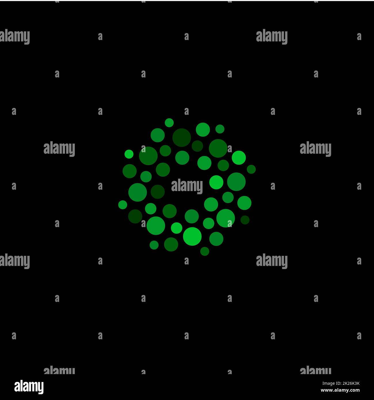 Isoliertes abstraktes grünes, rundes Logo auf schwarzem Hintergrund, einfaches, flach gepunktetes Logo, Blumenvektordarstellung Stockfoto