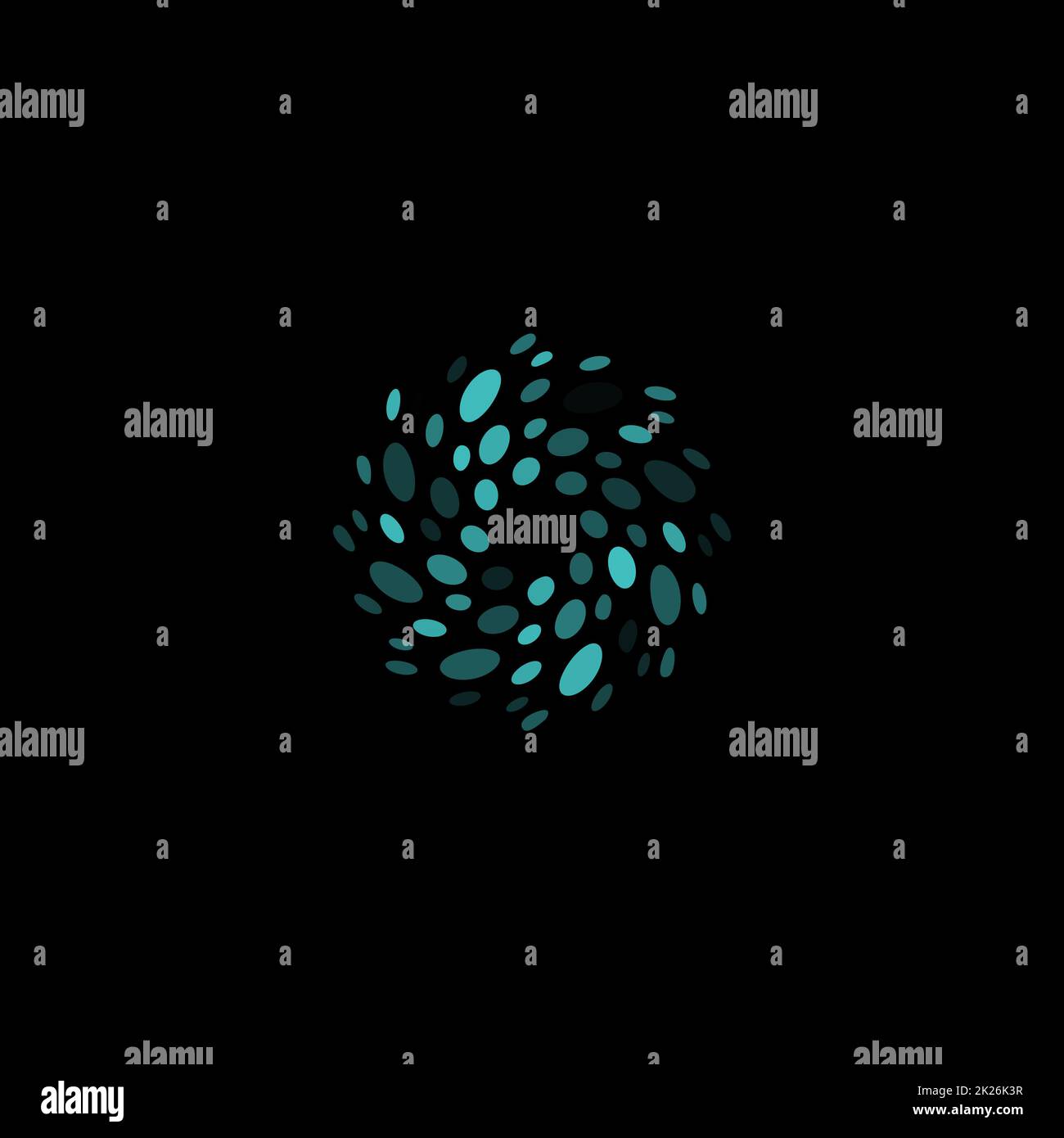 Abstrakt Kreis Logo. Ungewöhnliche gepunktete Runde isolierte Chem Logo. Virus-Symbol. Blaue Wasser-Wirbel. Symbolblume. Spirale Flüssigkeit trinken Zeichen. Vektorgrafik Keime. Stockfoto