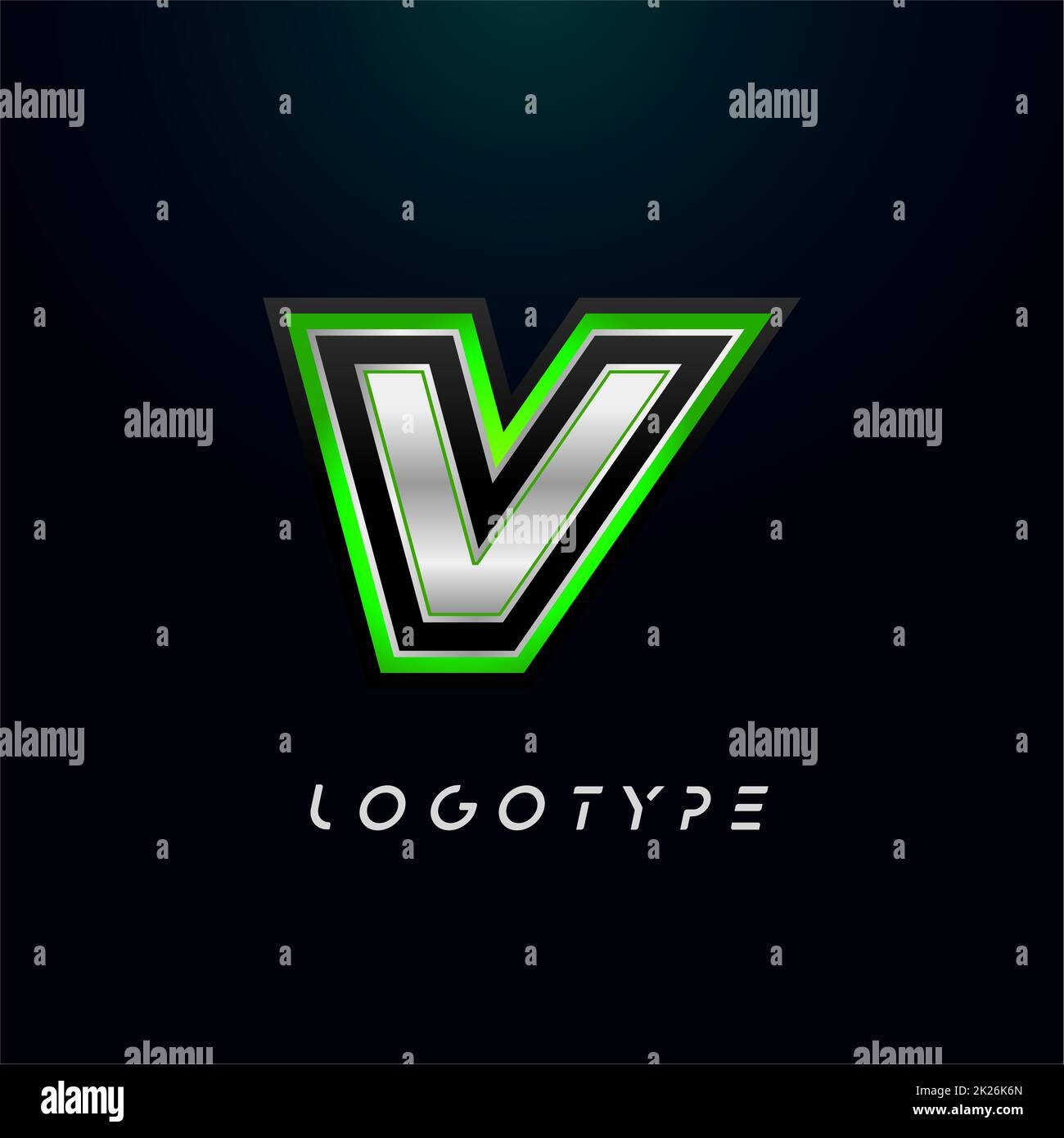 Buchstabe V für Videospiel-Logo und Super Hero Monogramm. Sport-Gaming-Emblem, auffälliger futuristischer Buchstabe mit scharfen Winkeln und grünem Umriss. Geneigter, scharfer Buchstabentyp auf schwarzem Hintergrund Stockfoto