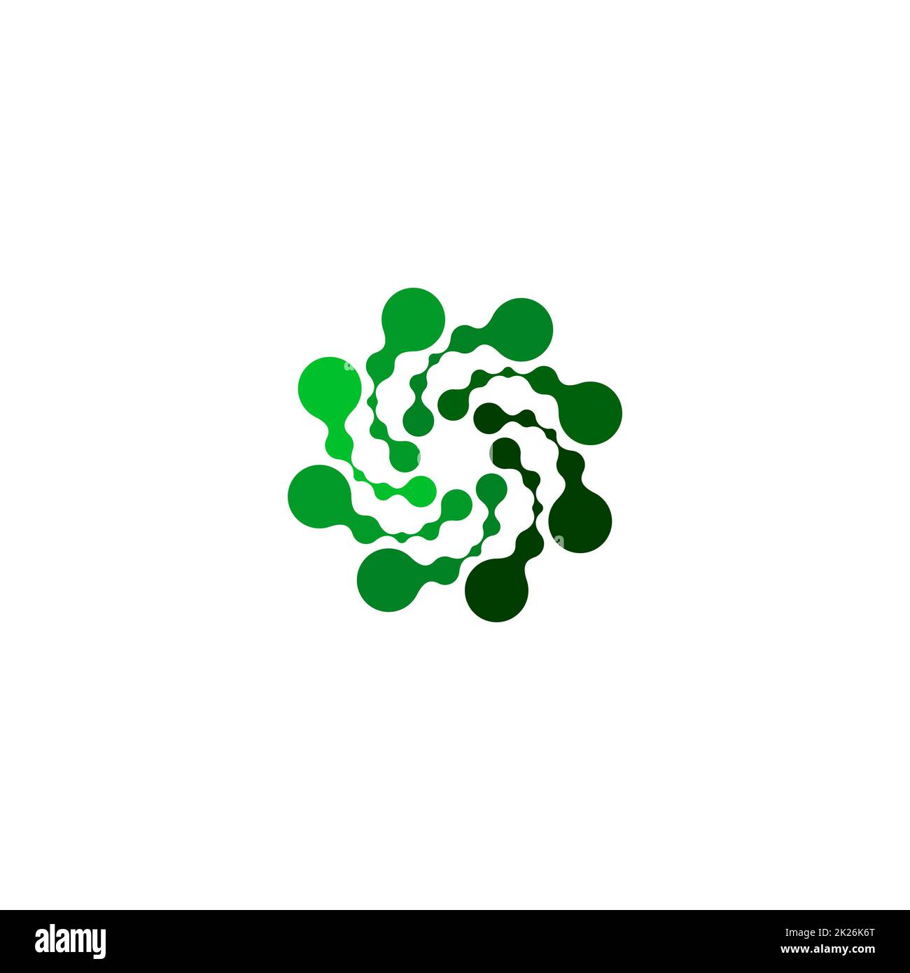 Isoliertes abstraktes grünes, rundes Logo auf weißem Hintergrund, einfache, gepunktete, geschwungene Vektordarstellung des Logos Stockfoto