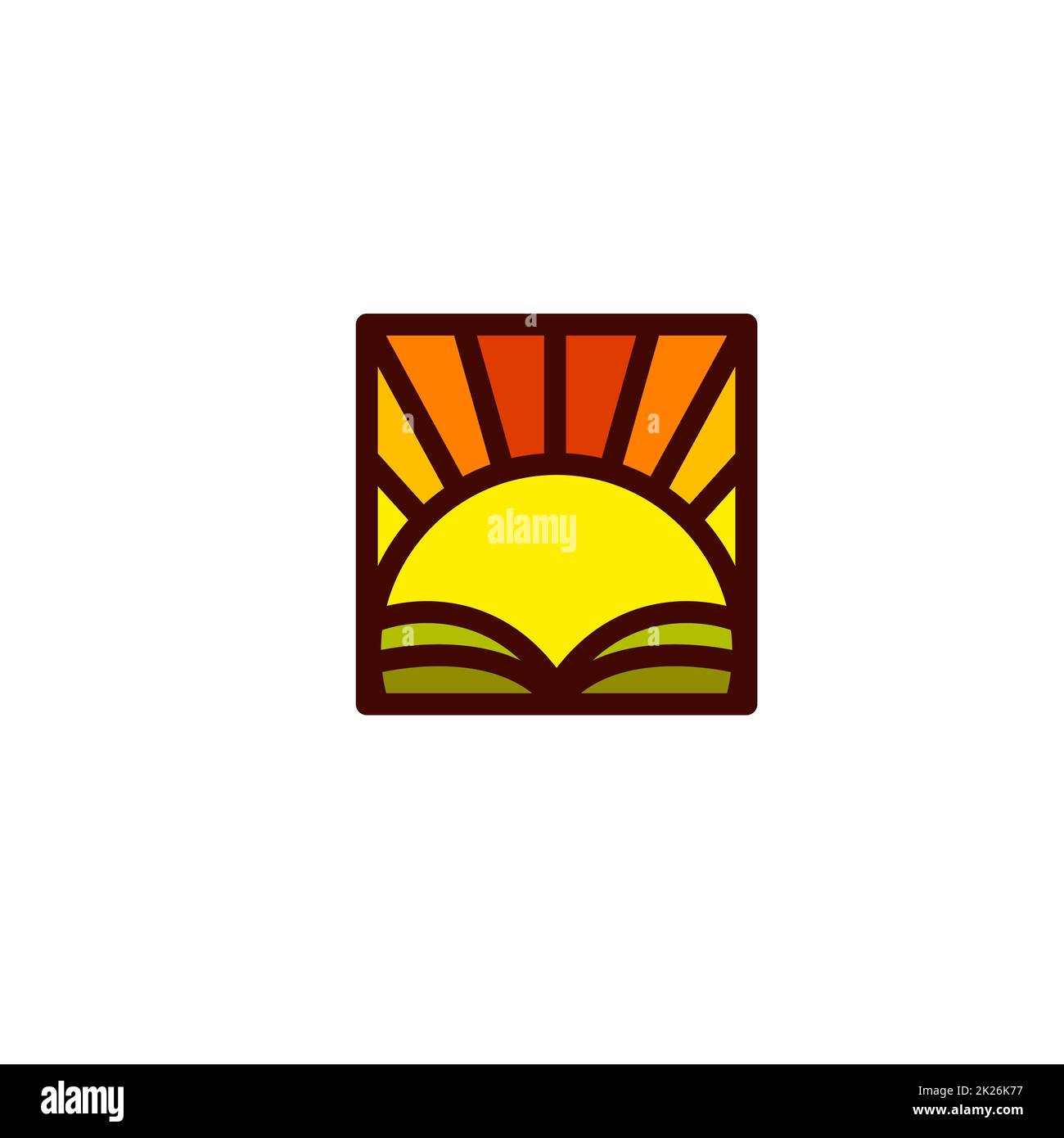 Isolierte abstrakter Sonnenaufgang, Sonnenuntergang Vektor-Logo. Sonne und Bereich Illustration. Stockfoto