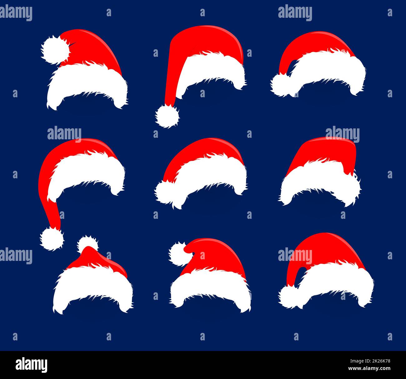 Weihnachten rote Hüte Icon Set. Santa Claus kostüm Vector Illustration. Neues Jahr Fotografie portreit Dekorationselement. Stockfoto