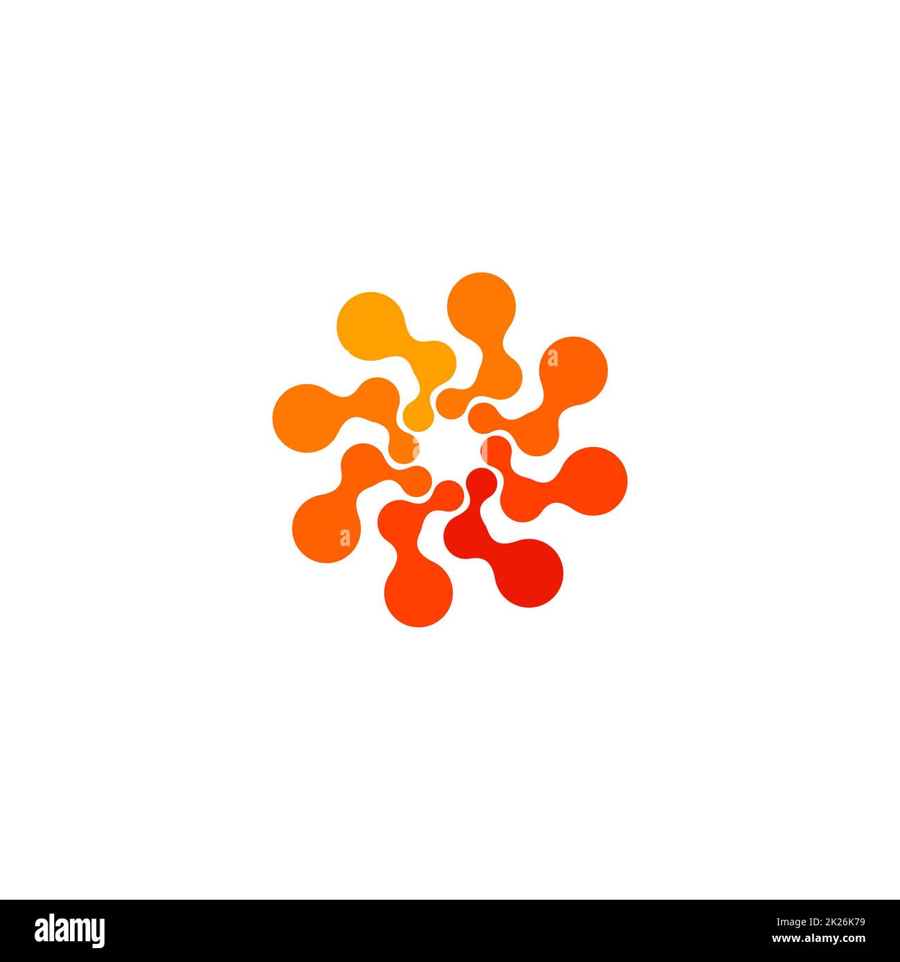 Isoliertes, abstraktes, rundes, orangefarbenes Logo, gepunktetes, stilisiertes Sonnenlogo auf weißem Hintergrund, wirbelförmige Vektordarstellung Stockfoto