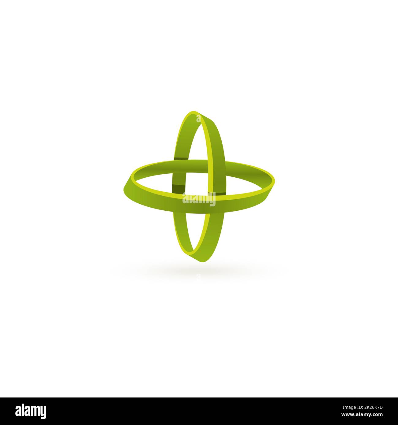 Isolierte grüne Farbe Kreuz Vektor-Logo. Abstrakte Kreise auf dem weißen Hintergrund. Geometrische Elemente. Bewegung der Atome. Stockfoto