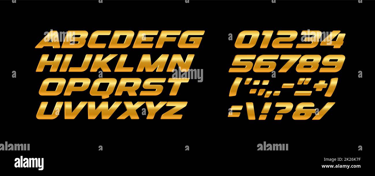 Premium fetten Buchstaben und Zahlen. Golden Textur, gelb und orange, gold Metal Stil Vektor lateinischen Alphabet. Typografie Design. Stockfoto