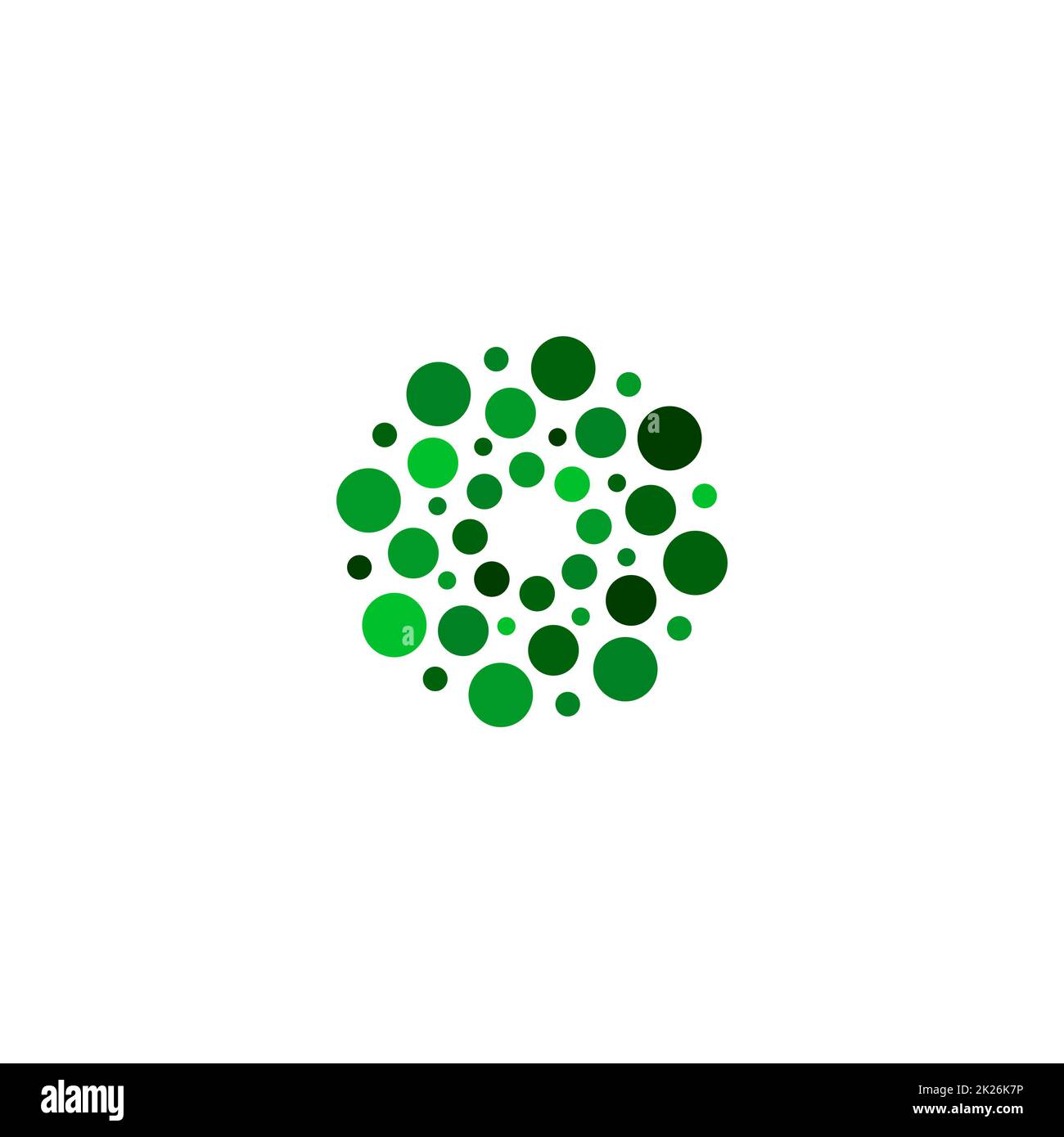 Isoliertes abstraktes grünes, rundes Logo auf weißem Hintergrund, einfache, gepunktete Vektordarstellung des Logos Stockfoto