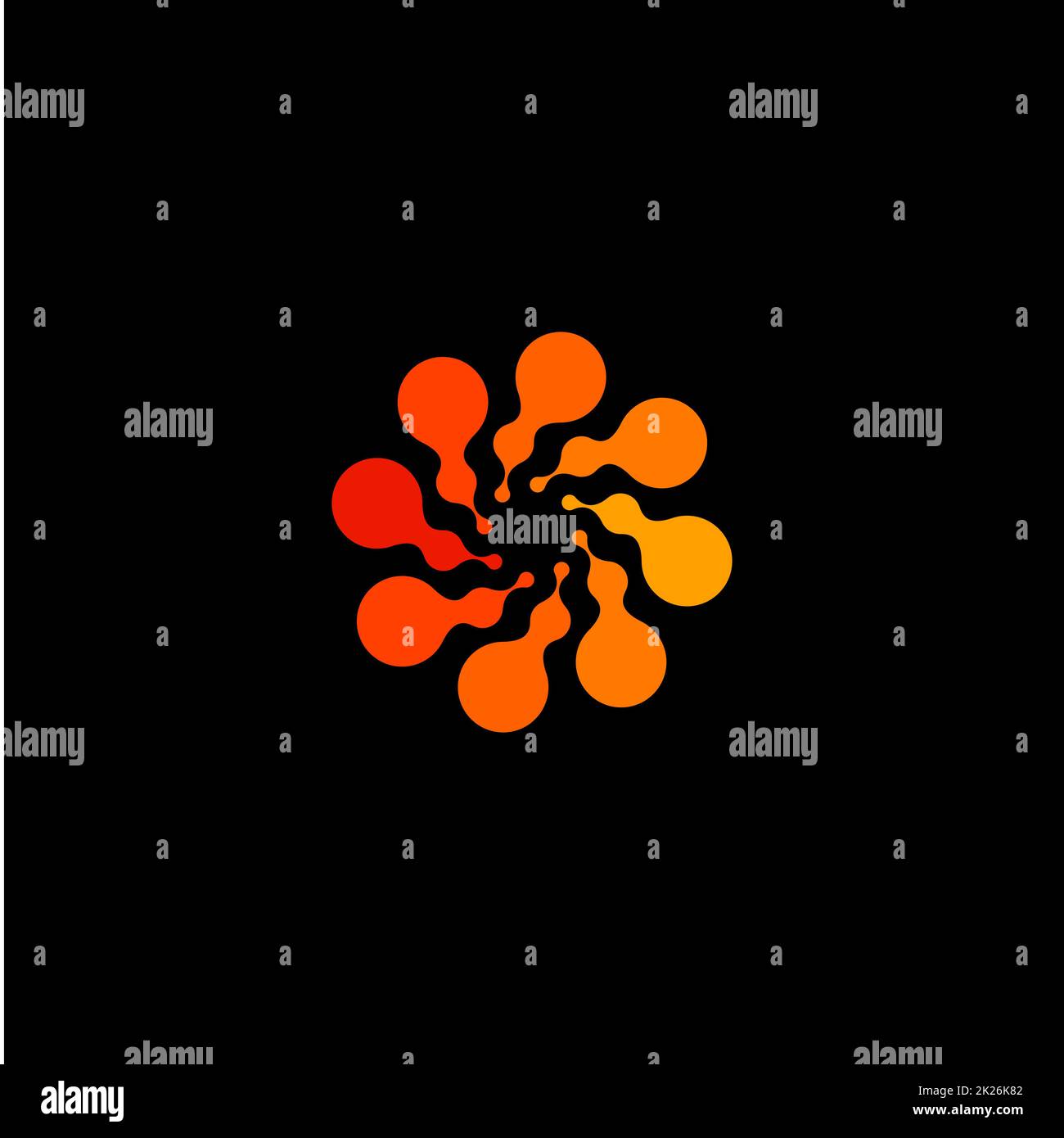 Isoliertes, abstraktes, rundes, orangefarbenes Logo, gepunktetes, stilisiertes Sonnenlogo auf schwarzem Hintergrund, wirbelförmige Vektordarstellung Stockfoto