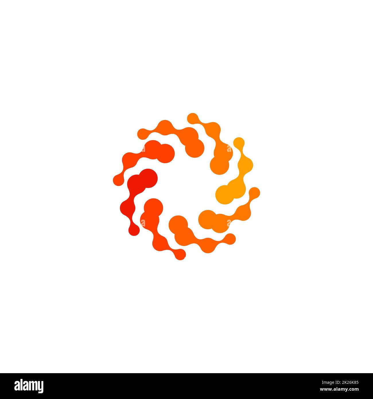 Isoliertes, abstraktes, rundes, orangefarbenes Logo, stilisiertes Sonnenlogo auf weißem Hintergrund, wirbelförmige Vektordarstellung Stockfoto