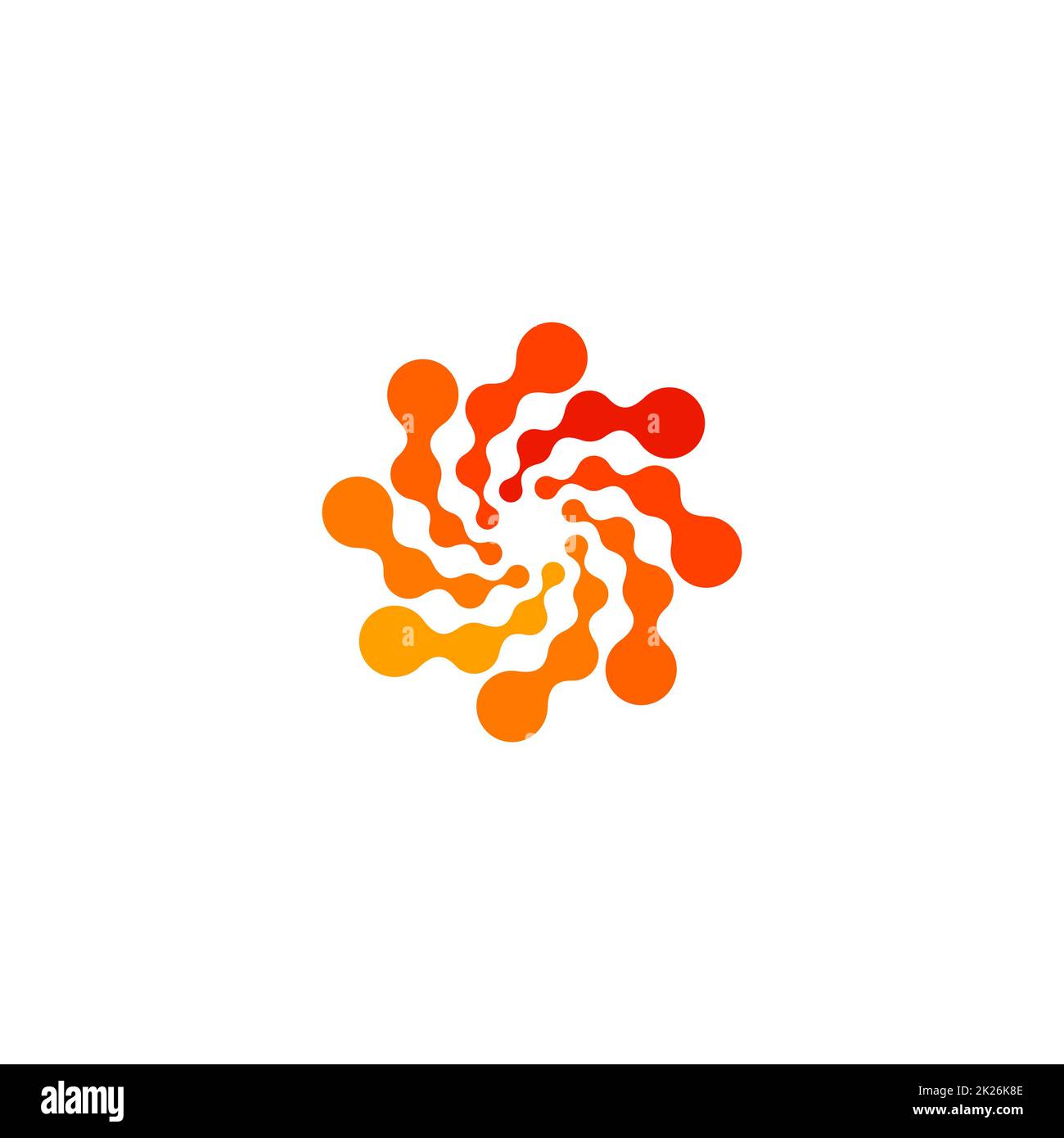 Isoliertes, abstraktes, rundes, orangefarbenes Logo, gepunktetes, stilisiertes Sonnenlogo auf weißem Hintergrund, wirbelförmige Vektordarstellung Stockfoto