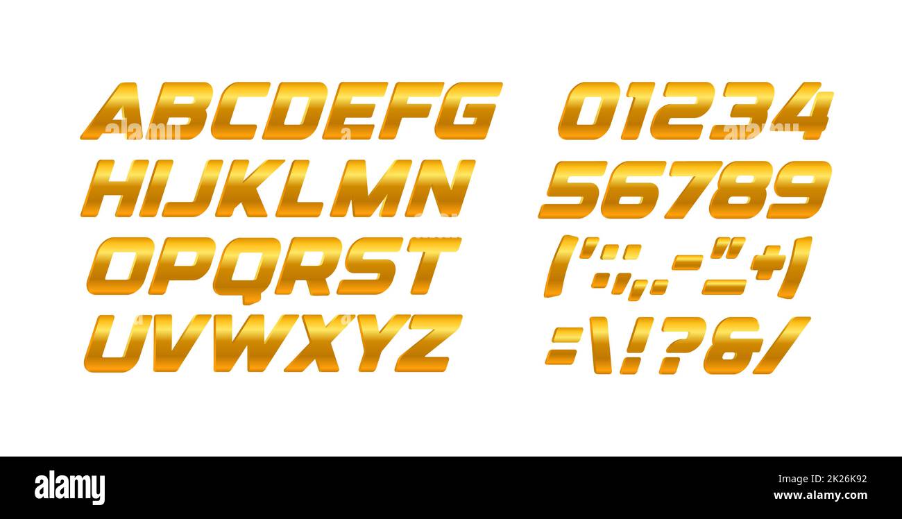 Gold Buchstaben und Zahlen. Golden Farbverlauf Vektor lateinischen Alphabet. Italic bold Typografie Design. Stockfoto