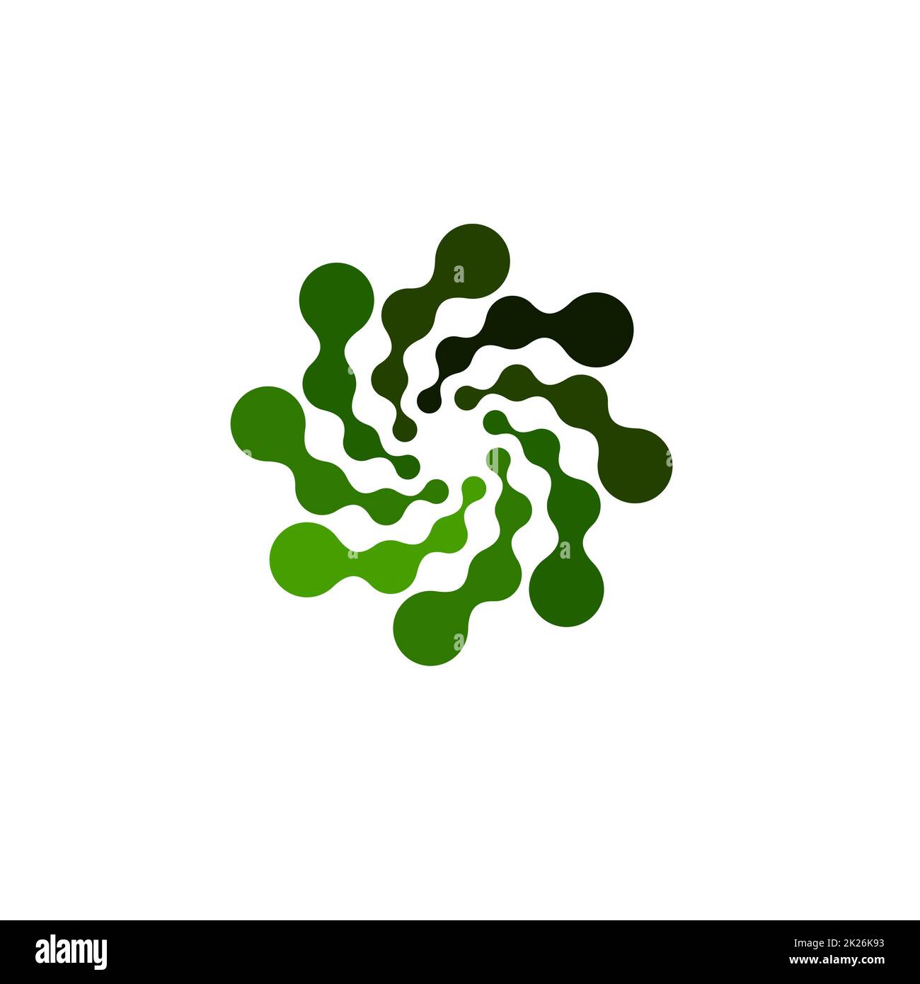 Isoliertes abstraktes grünes, rundes Logo auf weißem Hintergrund, einfaches, flaches, wirbeliges Logo der verbundenen Punkte Vektordarstellung Stockfoto