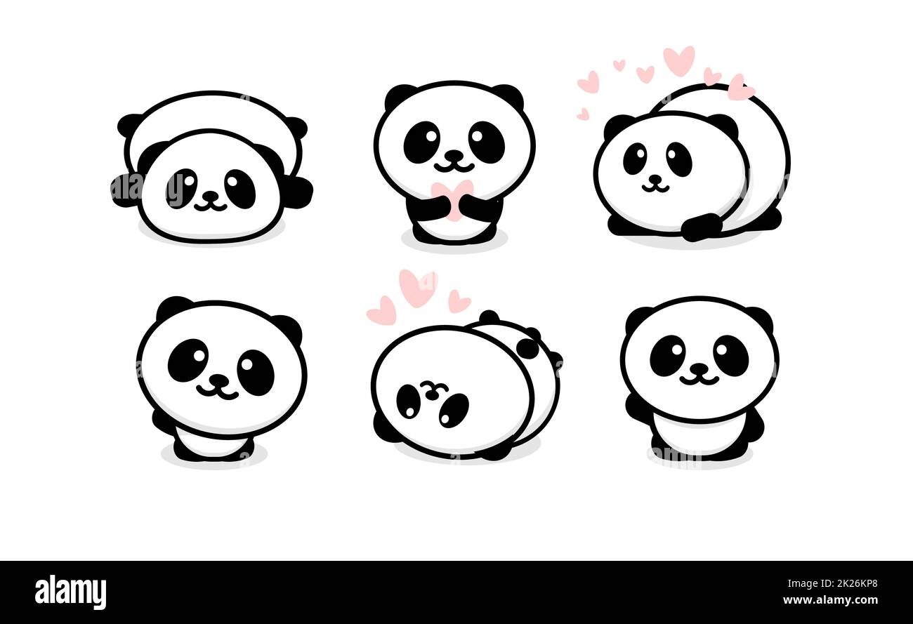 Freundlich und niedliche Pandas. Chinesische Symbole tragen. Cartoon panda logo Vorlage Sammlung. Isolierte Vector Illustration. Stockfoto