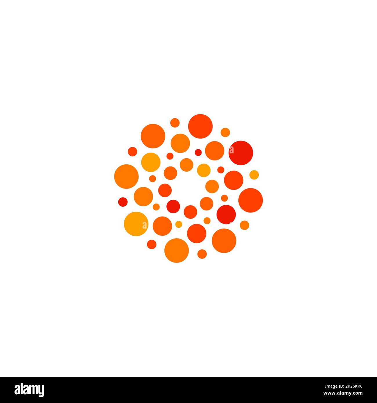 Isoliertes, abstraktes, rundes, orangefarbenes und rotes Logo, gepunktetes, stilisiertes Sonnenlogo auf weißem Hintergrund, Vektordarstellung Stockfoto