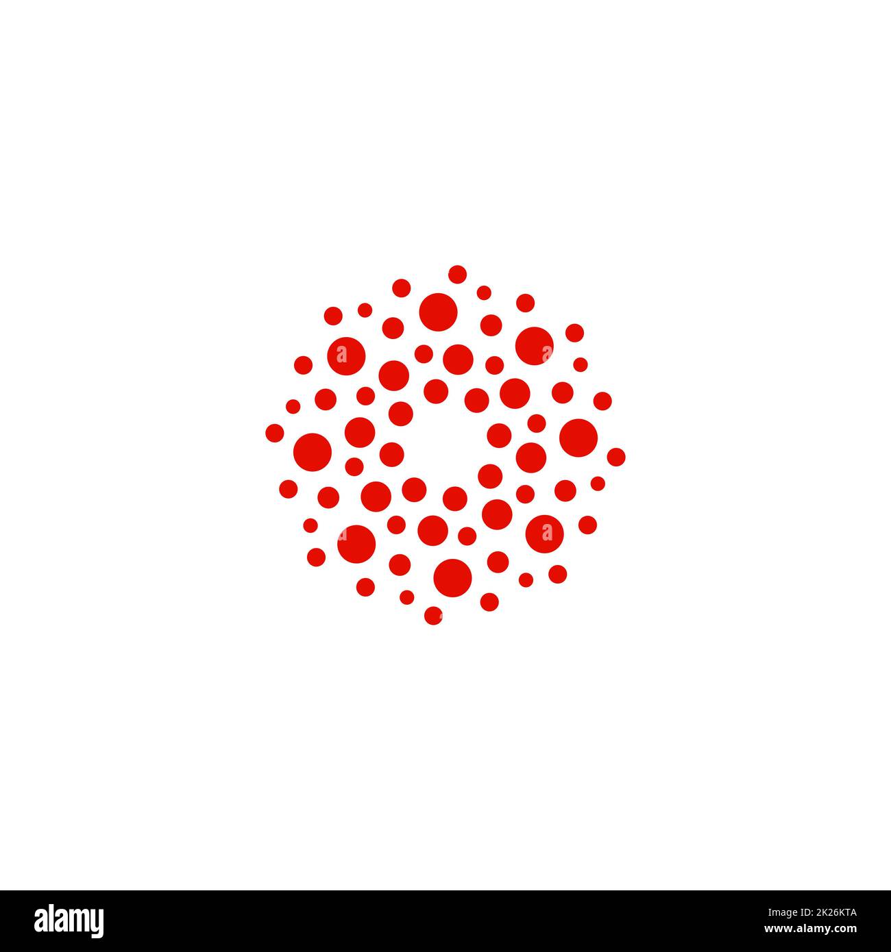 Abstrakt Kreis Logo. Ungewöhnliche gepunktete Runde isolierte Chem Logo. Virus-Symbol. Rote Sonne. Symbolblume. Spiral-Zeichen. Vektor-Illustration. Stockfoto