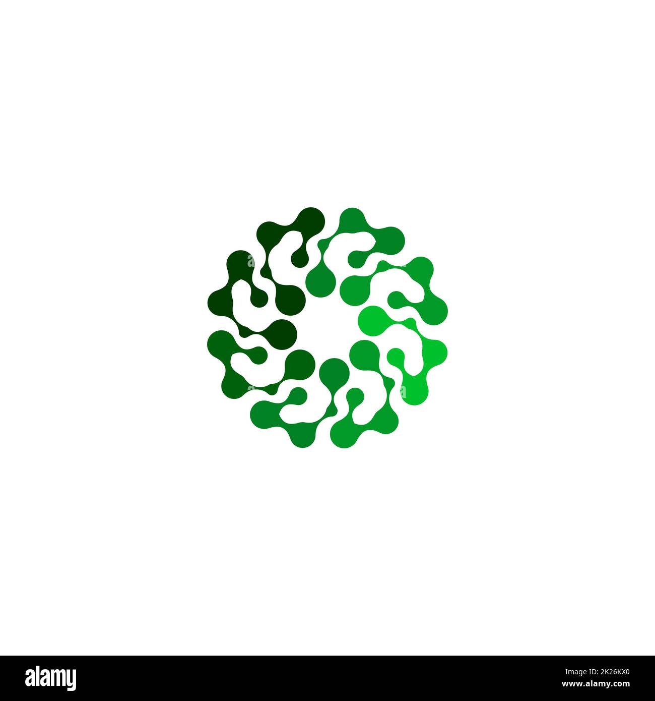 Isoliertes, abstraktes grünes, rundes Logo auf weißem Hintergrund, einfache, flache, stilisierte Blumenlogos als Vektordarstellung Stockfoto