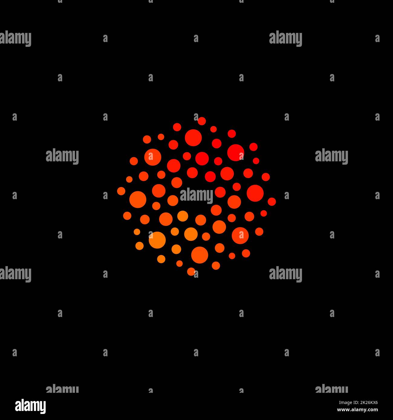 Isoliertes, abstraktes, rundes, orangefarbenes Logo, gepunktetes, stilisiertes Sonnenlogo auf schwarzem Hintergrund, Vektordarstellung Stockfoto