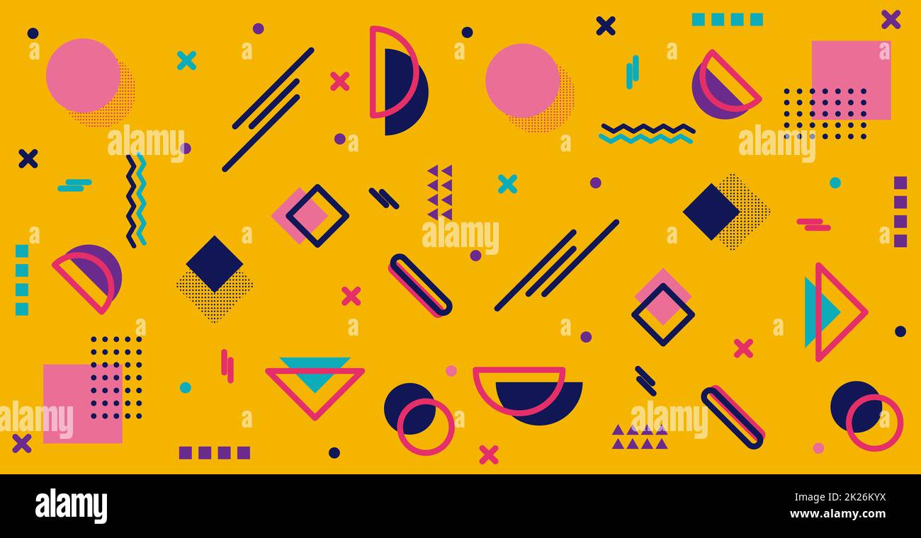 Farbenfroher, mehrfarbiger abstrakter Panoramadruck aus verschiedenen geometrischen Formen – Vektor Stockfoto