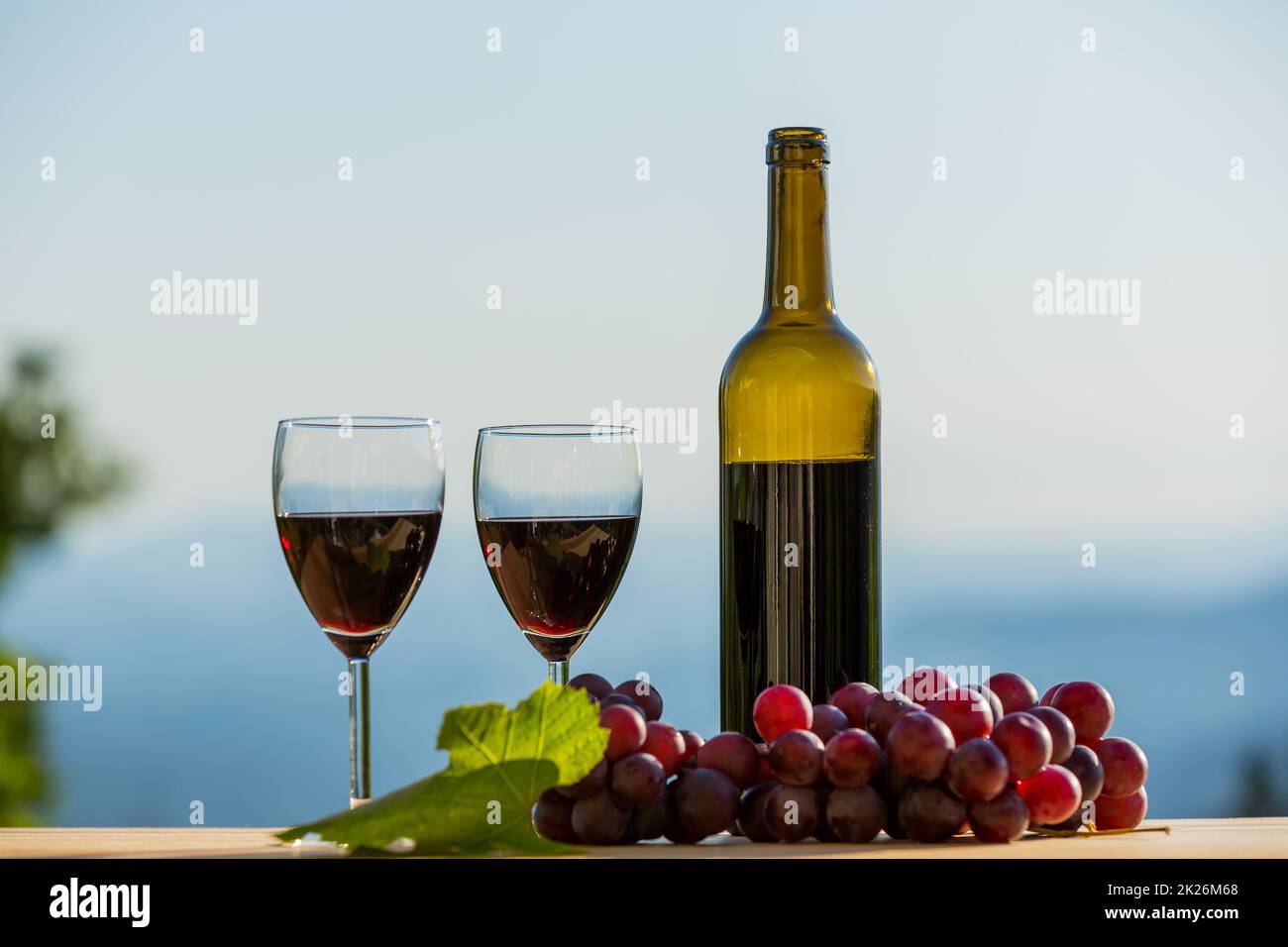Flasche Wein und Trauben Stockfoto