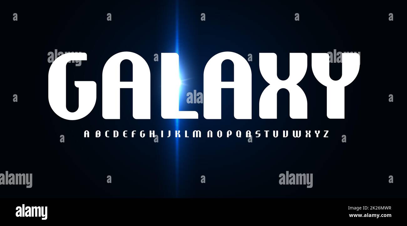 Galaxy-Schriftart, hohes minimalistisches abgerundetes Alphabet mit leuchtendem Licht. Futuristische, elegante Buchstaben für Science-Fiction-Kino, hud, Technologie-Logo. Kontrastierende Typographie. Vektortypographisches Design. Stockfoto