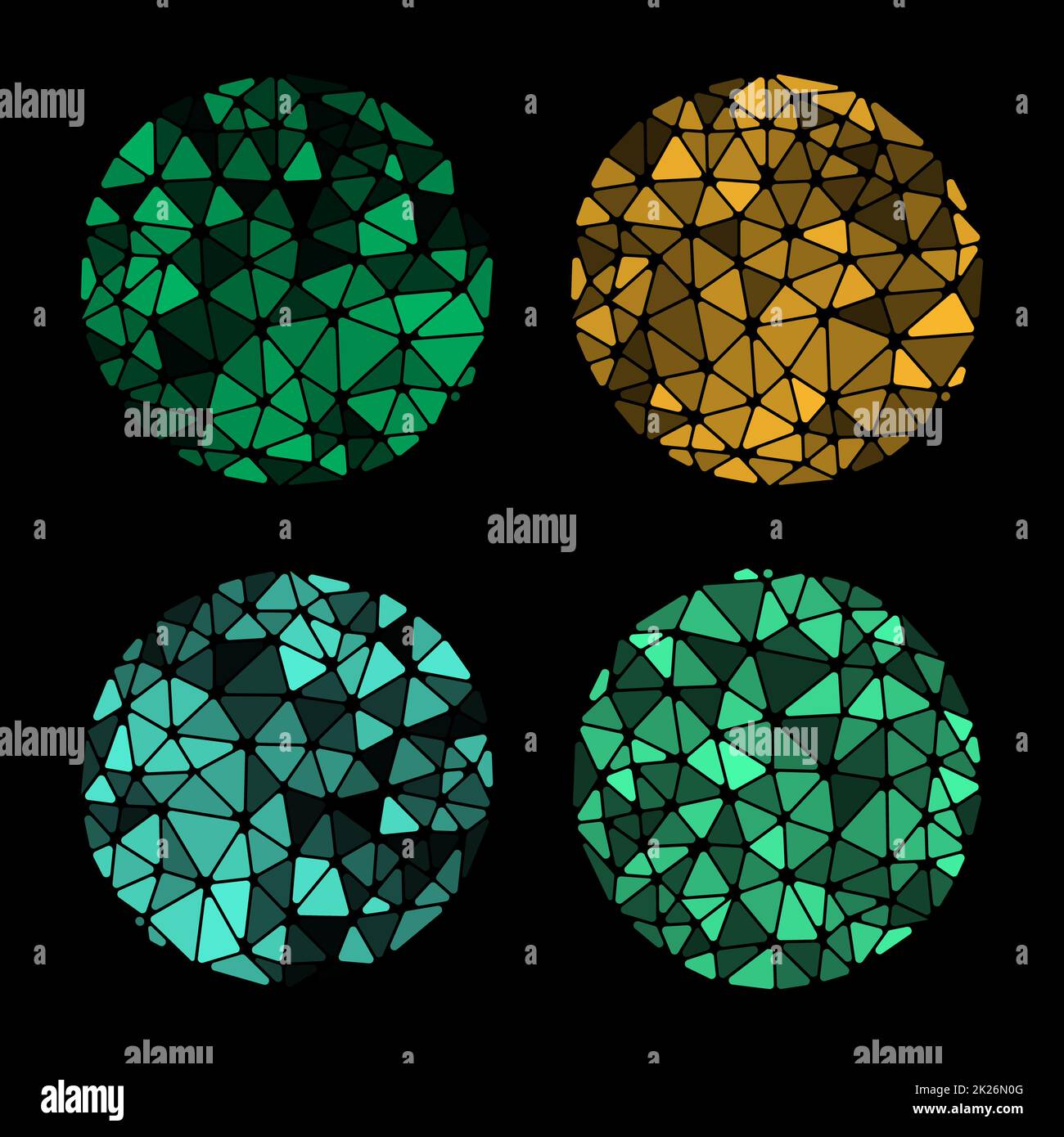Farbige runde polygonale Objekte auf schwarzem Hintergrund. Buntglas. Kunststilisierungszirkel. Moderner Stil. Mehrfarbige Dreiecke, die in einem Kreis zusammengebaut sind. Tiefpoly-Hintergrundsammlung. Stockfoto