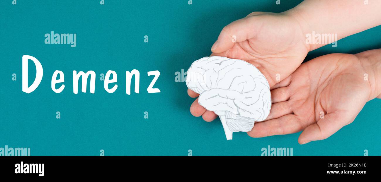 Demenz steht auf einem Papier, Hände halten Gehirn, Krankheitsdiagnose, Alzheimer-Krankheit, Bewusstseinstag, deutsch Stockfoto