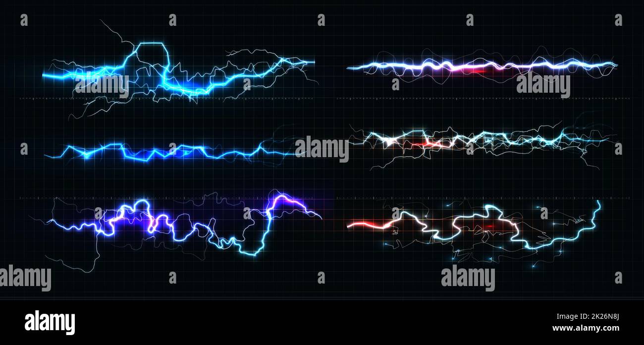 Blitz verschiedene Farben eingestellt, glühende Thunderbolt und brightning power Schock magic Linien auf schwarzem Hintergrund. Vector Illustration. Stockfoto