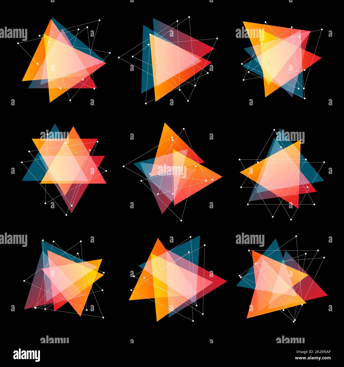 Isolierte abstrakte rosa und orange farbige Dreiecke Logo setzen auf schwarzem Hintergrund, geometrische Dreiecksform Logo der transparente Überlagerungen Sammlung Vektor-illustration Stockfoto