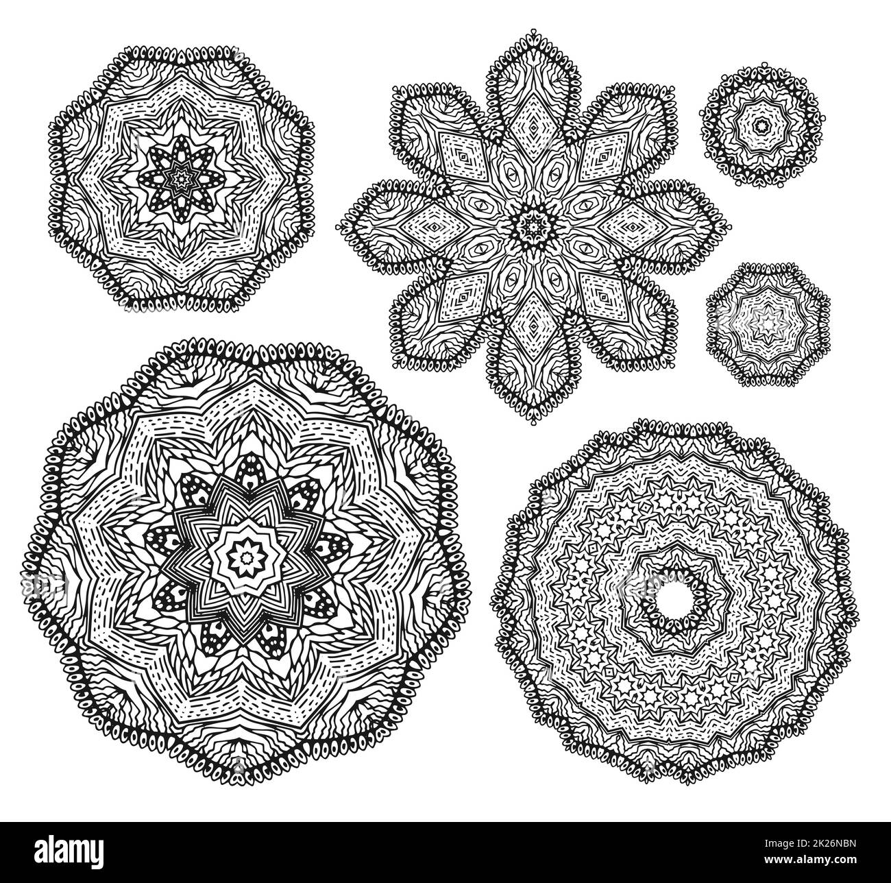 Linear, achtlos von Hand gezeichnet, ein Vektorskizzen-Ziermandala-Set. Abstrakte Vorlagensammlung für einfarbige Strichgrafiken im Hintergrund. Dekoratives Design-Element mit schwarzem Florismus. Schönheitsillustrierung Stockfoto