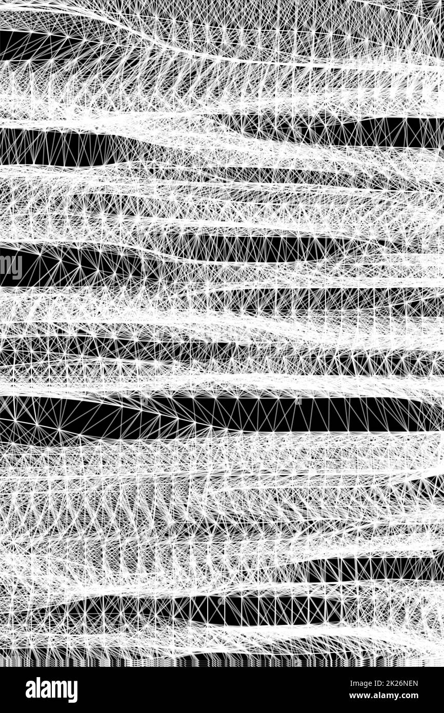 Abstraktes futuristisches Linien- und Punktraster. Ein Netz aus Seilen, ein ungewöhnliches geometrisches schwarz-weißes Vektormuster. Stockfoto