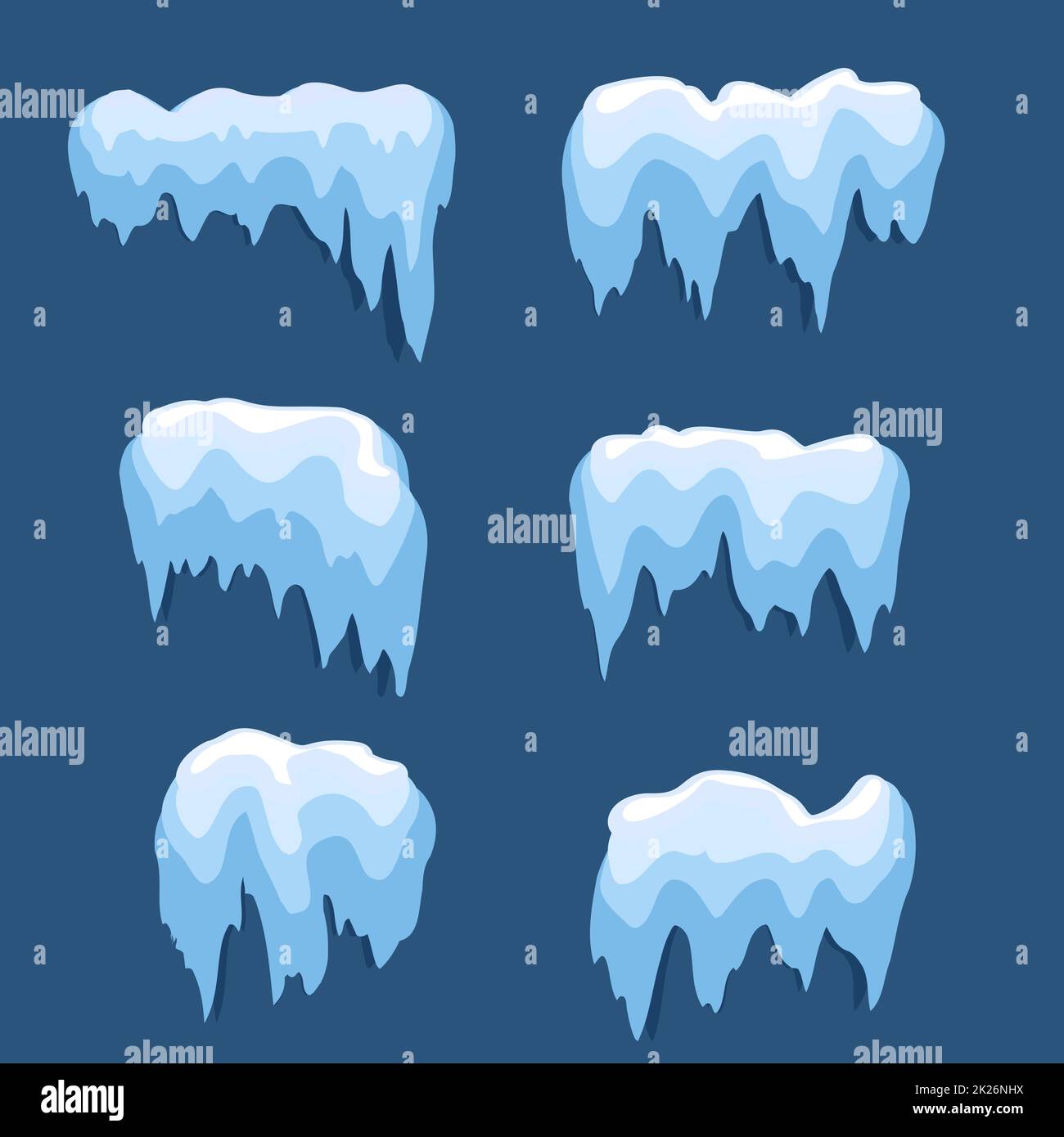 Satz von isolierten Schneekappe. Verschneiten Elemente auf Winter Hintergrund. Vektor Vorlage im Cartoon-Stil für Ihr Design. Schneefall und Schneeflocken in Bewegung. Stockfoto