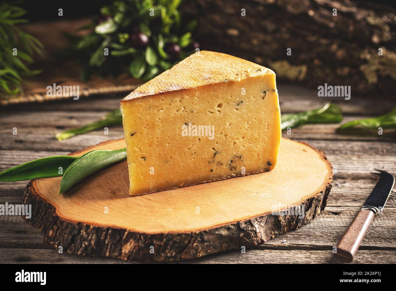Dreiecksscheiben Käse mit wildem Knoblauch Stockfoto