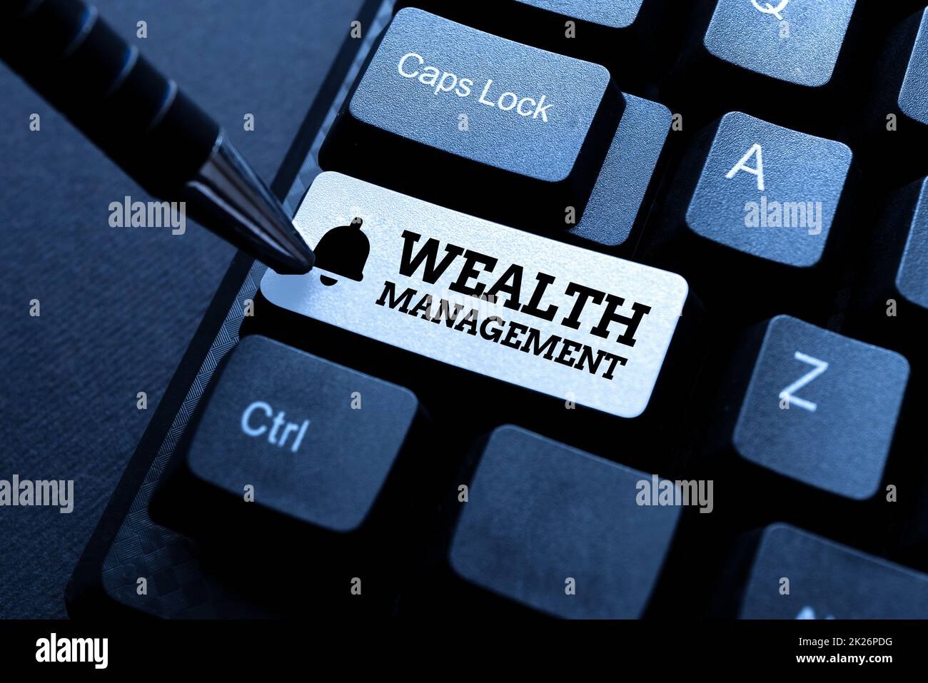 Schreiben mit Anzeige von Text Wealth Management. Business Approach Investment Advisory kombiniert andere Finanzdienstleistungen Veröffentlichen von typengeschriebenen Dokumenten Online mit der Eingabe von Long Term Contract Stockfoto