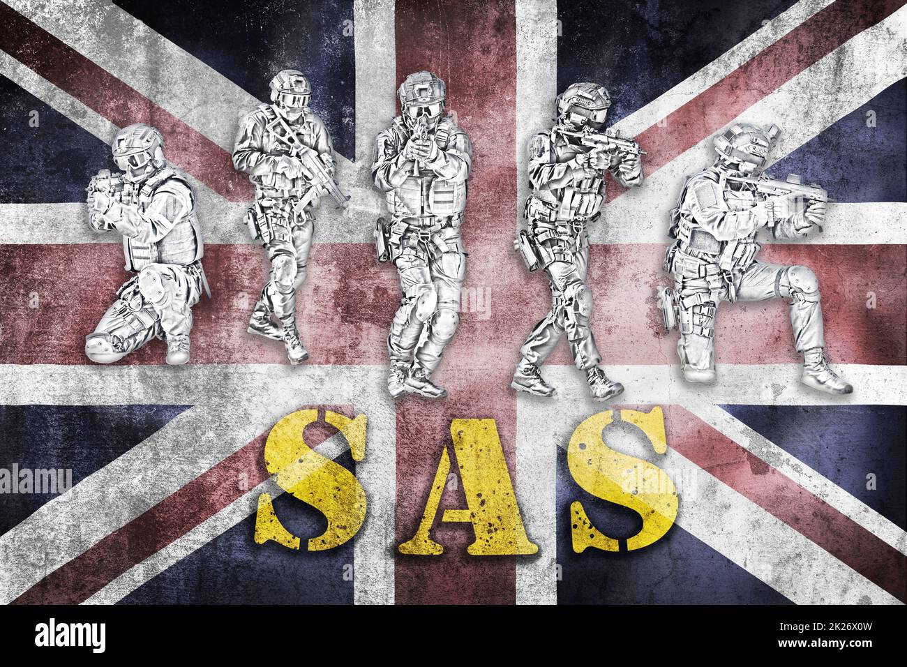 Sondereinsatzkommando in Aktion Illustration auf Grunge UK-Flagge mit SAS-Buchstaben, unmarkiertem und nicht erkennbarem swat-Team Stockfoto