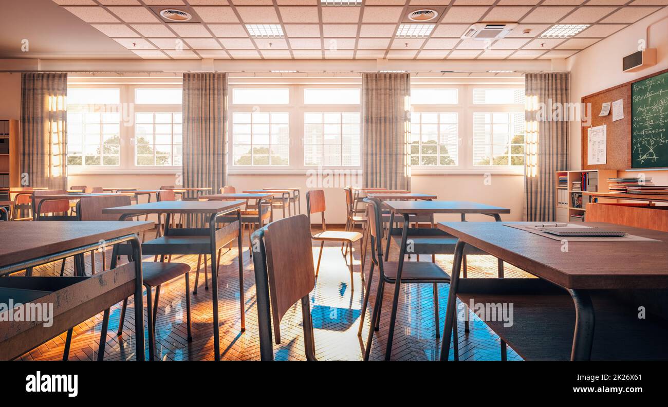 Innenausstattung eines traditionellen Klassenzimmers mit Holzboden und Holzmöbeln. Stockfoto