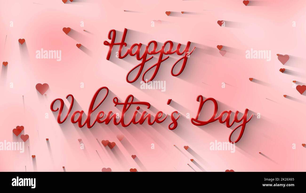 Happy Valentine's Day – Schriftzug auf der Karte mit roten Herzen auf farbigem Hintergrund Stockfoto