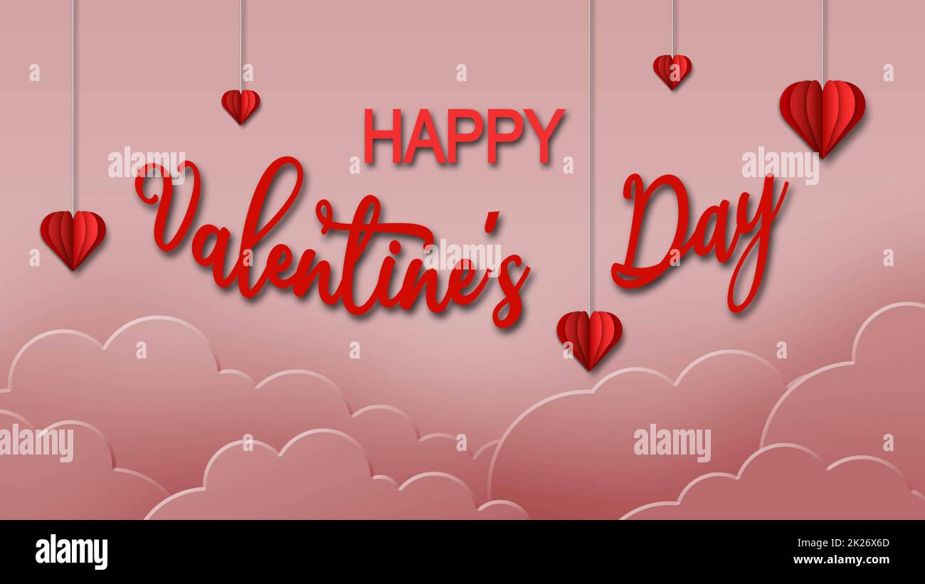 Happy Valentine's Day Gruß Hintergrund - Buchstaben, Wolken und Herzen hängen am Garn in Hellrosa und Rot Stockfoto